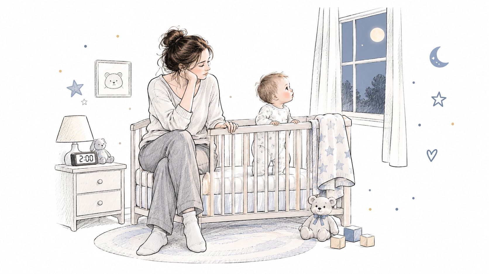 A tired mother sitting by a crib watching her awake ten month old baby at night.
