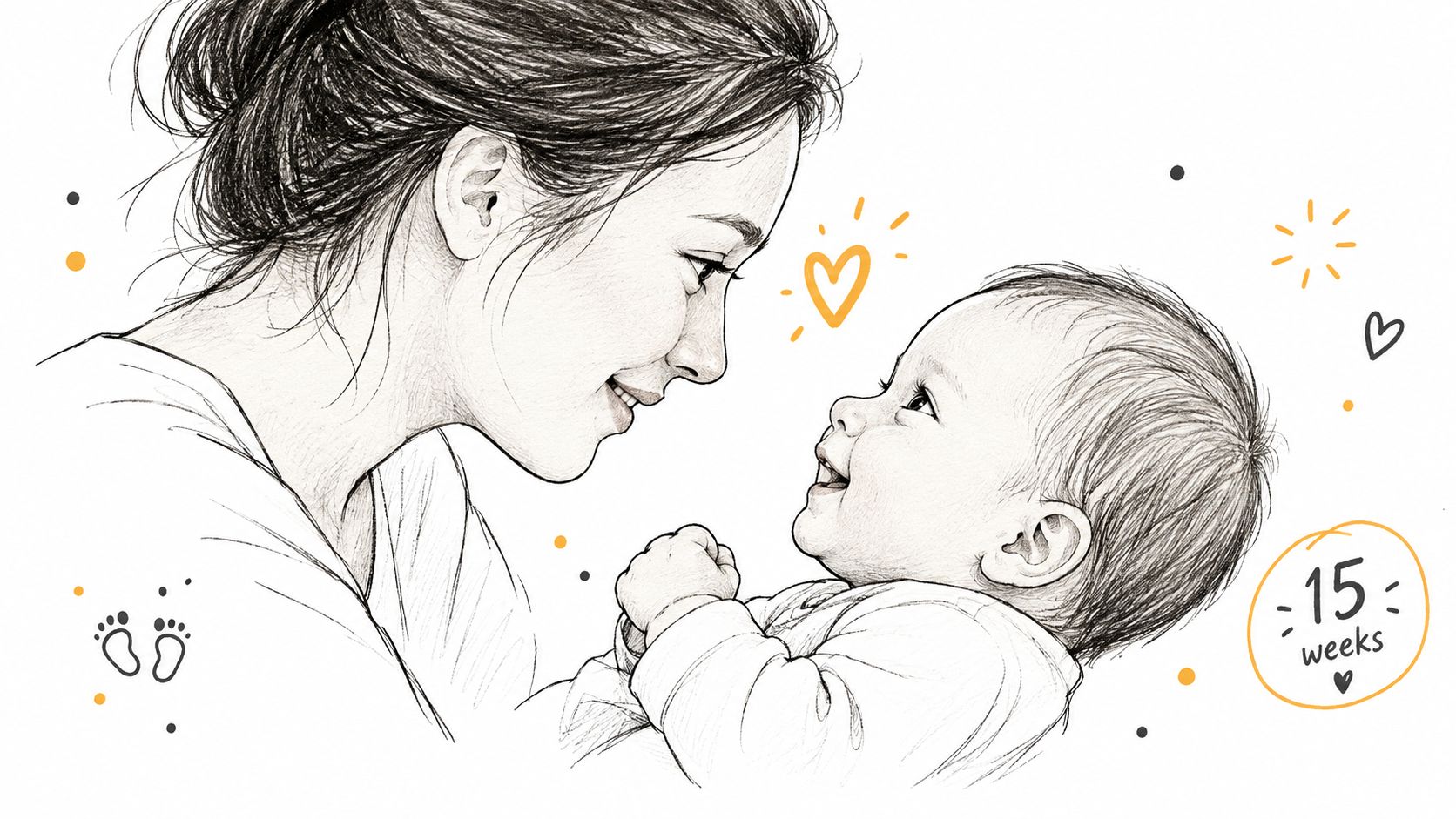 A pencil sketch of a mother affectionately smiling at her 15-week-old baby with decorative doodle elements.