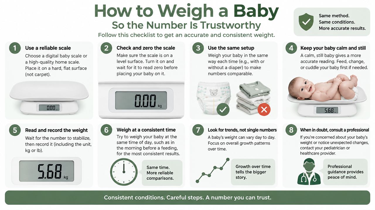 An infographic titled How to Weigh a Baby, outlining eight steps for getting an accurate and consistent measurement.