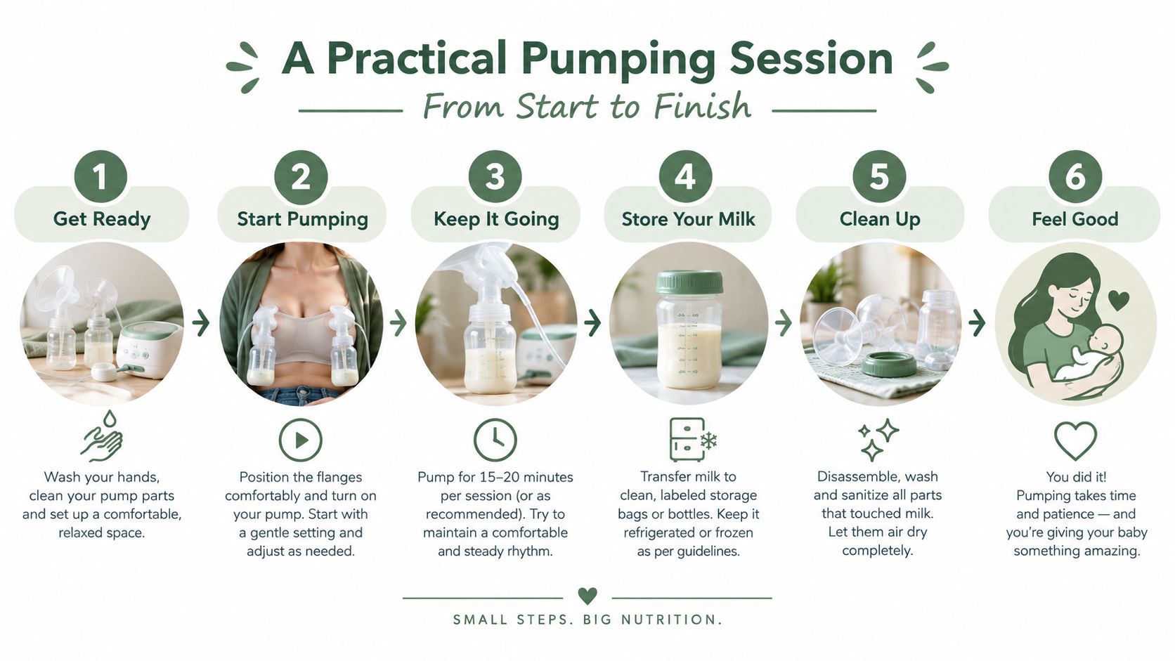 A six-step infographic showing how to breast pump, from preparation to cleaning and emotional support.
