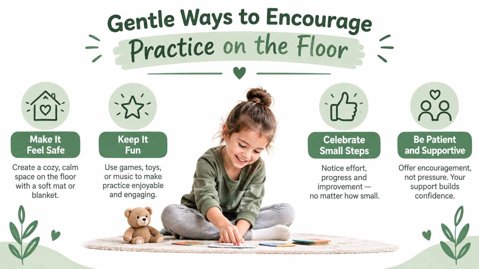 A happy child sitting on a rug with toys, illustrating gentle ways to encourage floor practice.