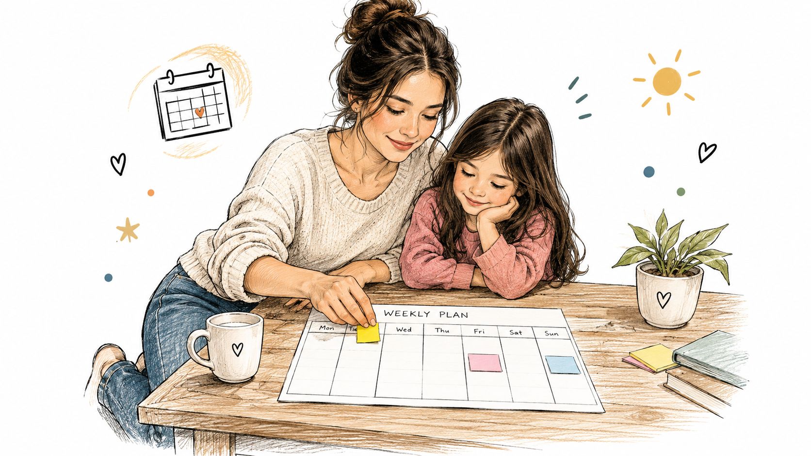 A mother and her young daughter sitting at a table together while planning their weekly schedule.