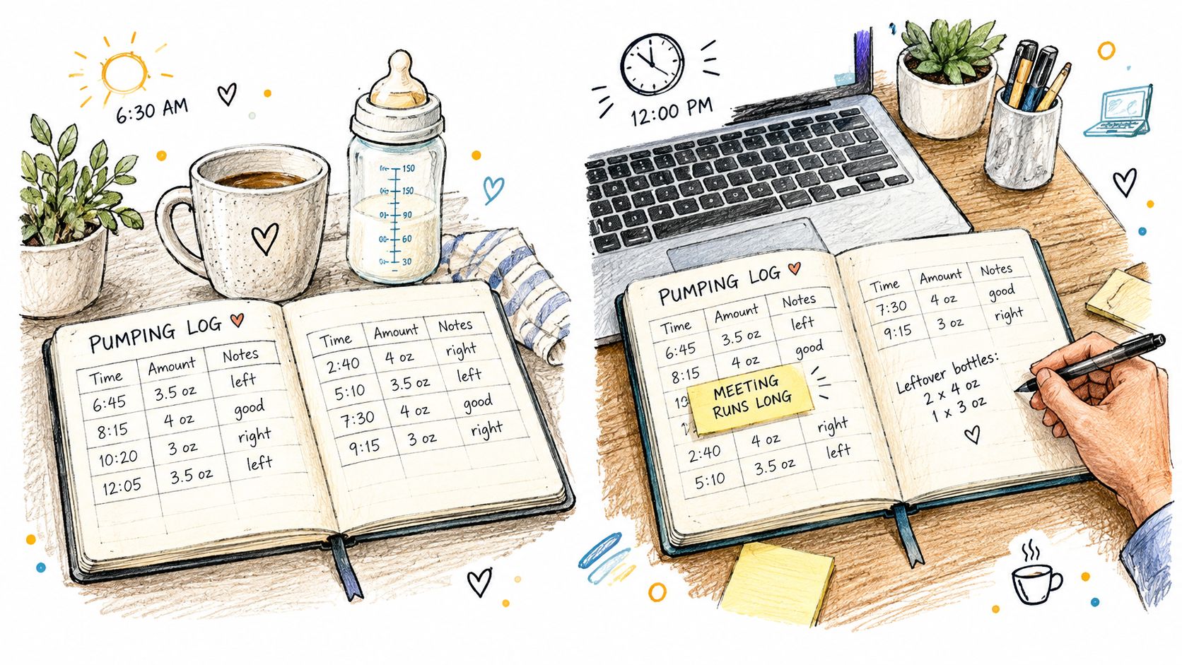 A split illustration showing two workspaces with pumping logs documenting breast milk production amounts, times, and notes.