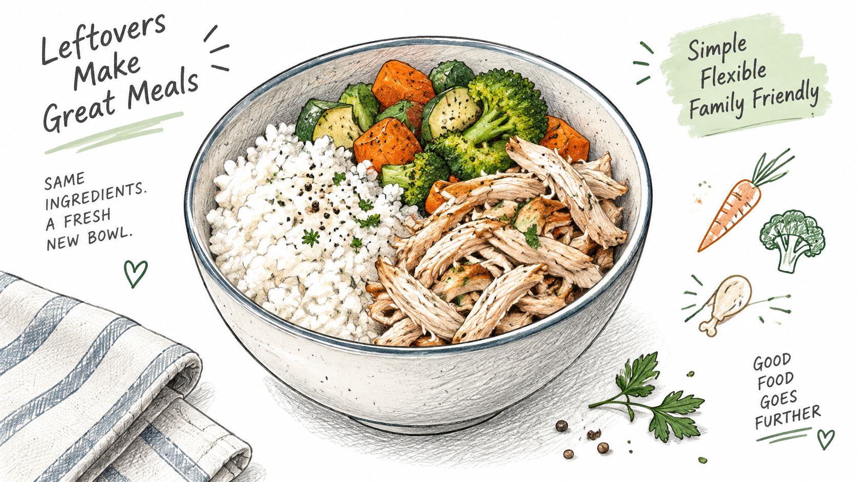 A hand-drawn illustration of a nutritious bowl filled with rice, shredded chicken, and cooked vegetables.