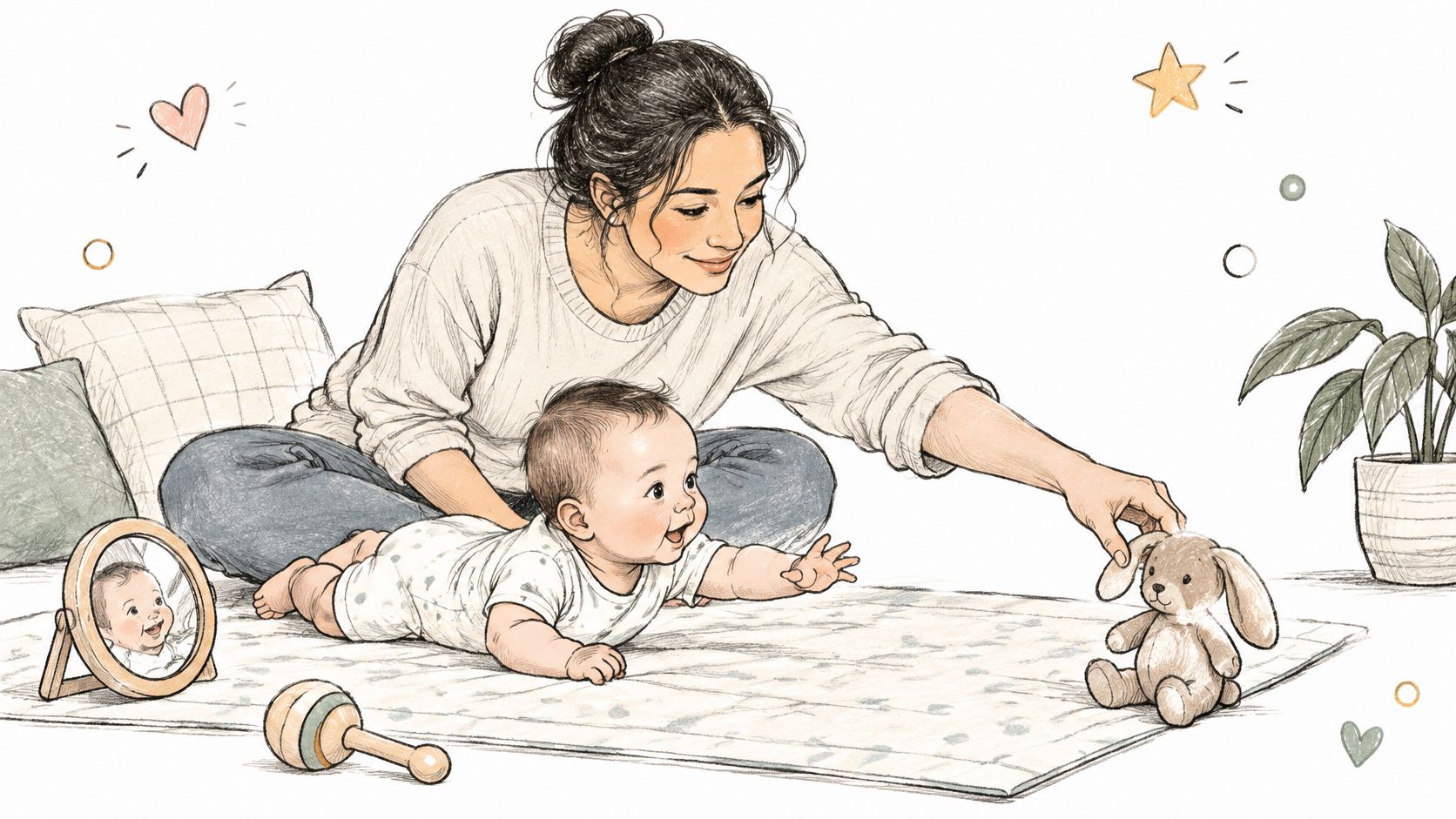 A mother happily interacting with her five month old baby during tummy time on a play mat.