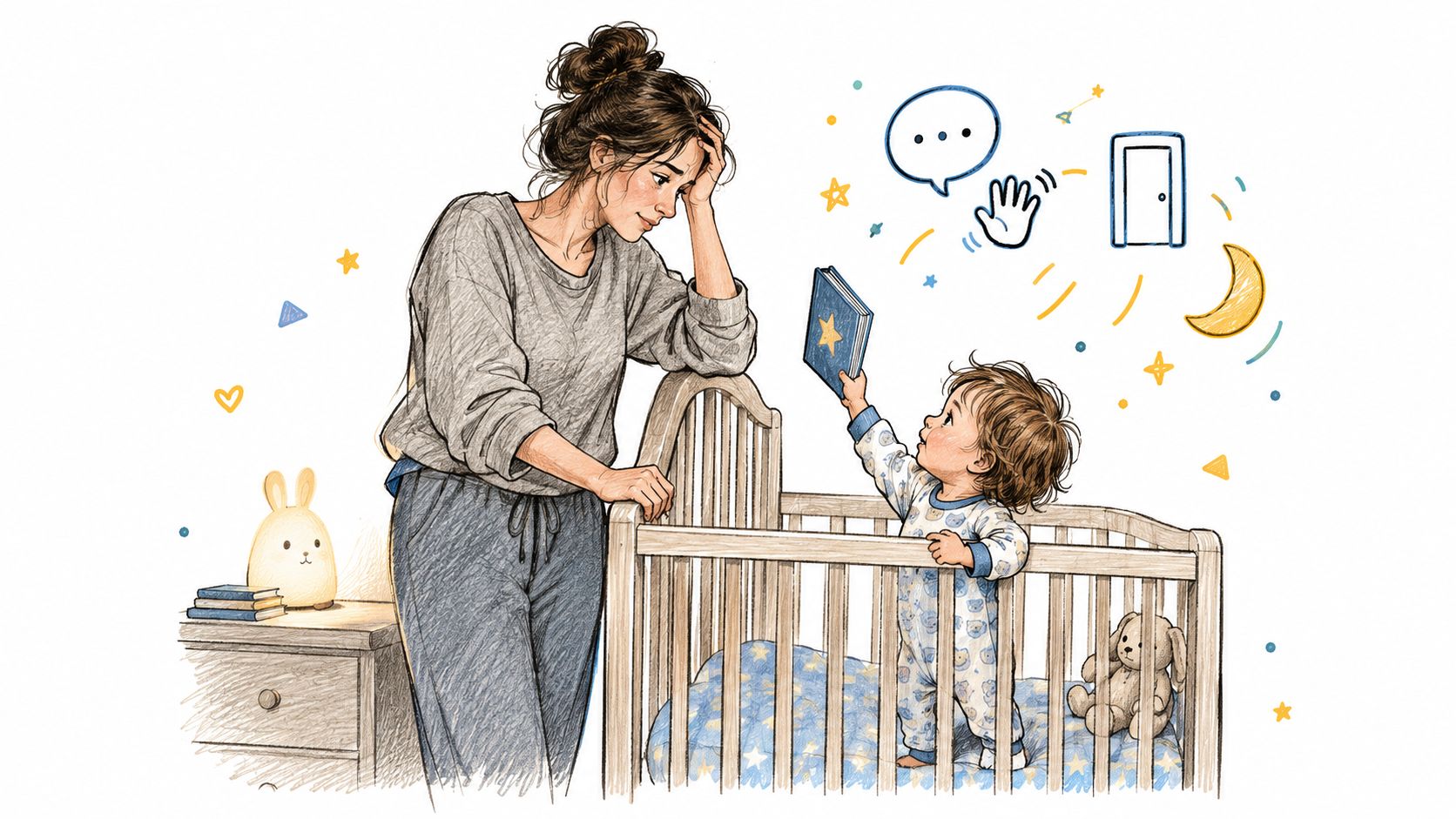 A tired mother leaning against a baby crib while her toddler holds up a book at night.