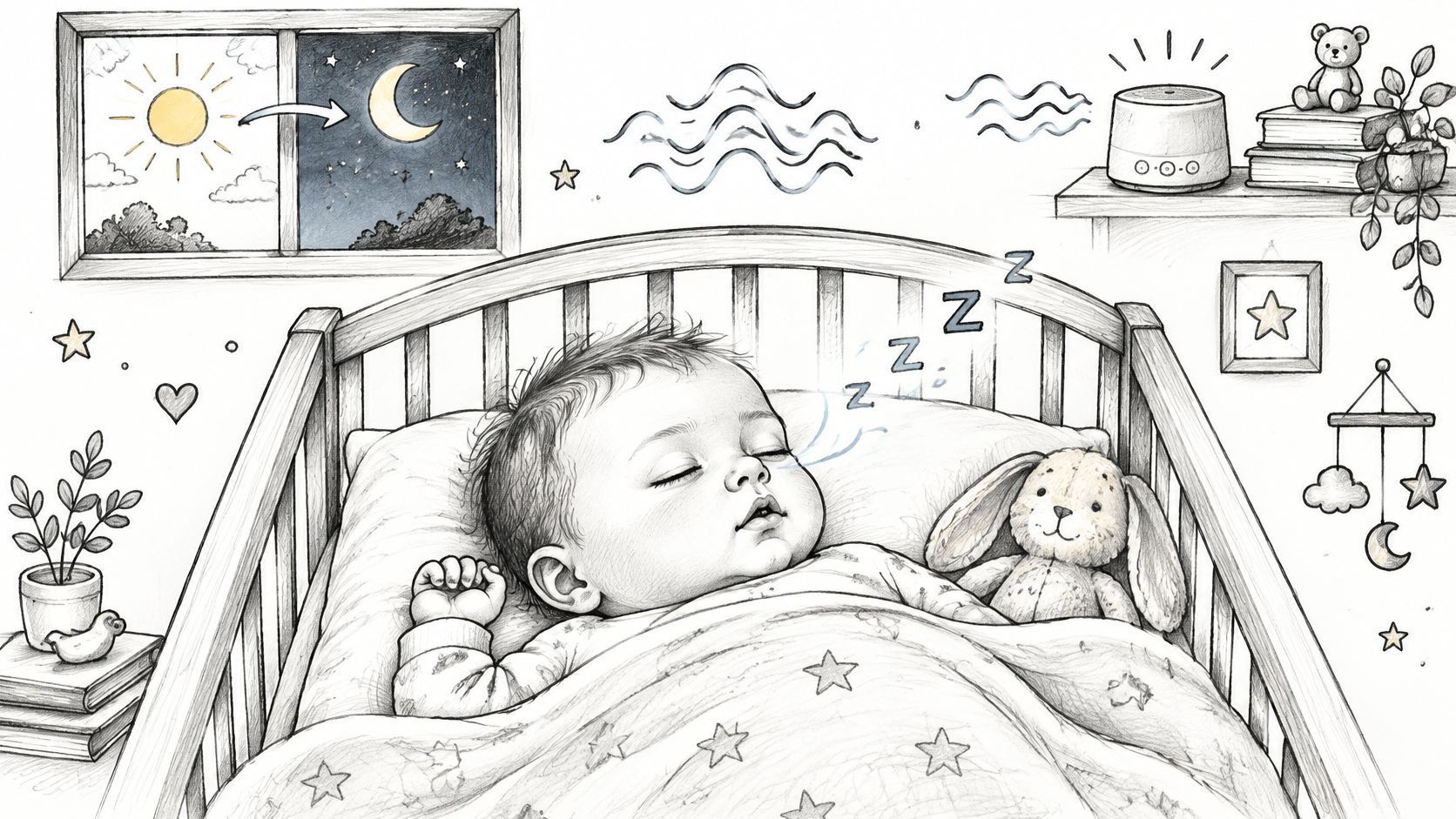 A pencil sketch of a baby sleeping peacefully in a crib with a white noise machine nearby.