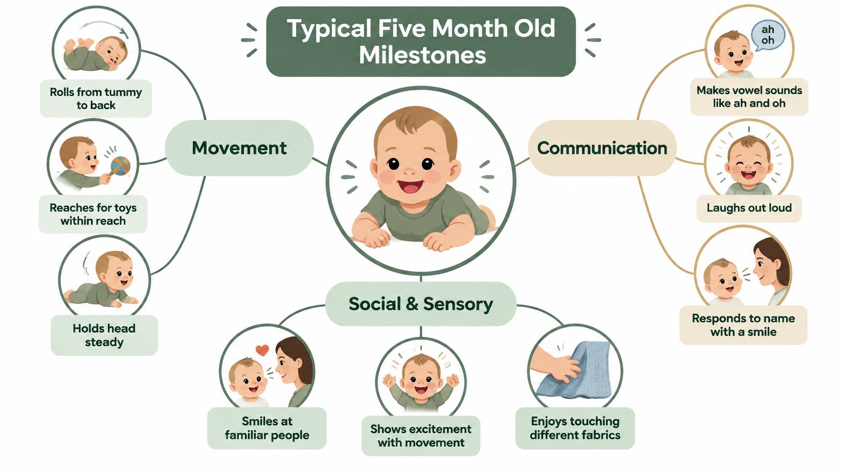 A colorful infographic illustrating developmental milestones for a typical five-month-old baby regarding movement, communication, and sensory skills.