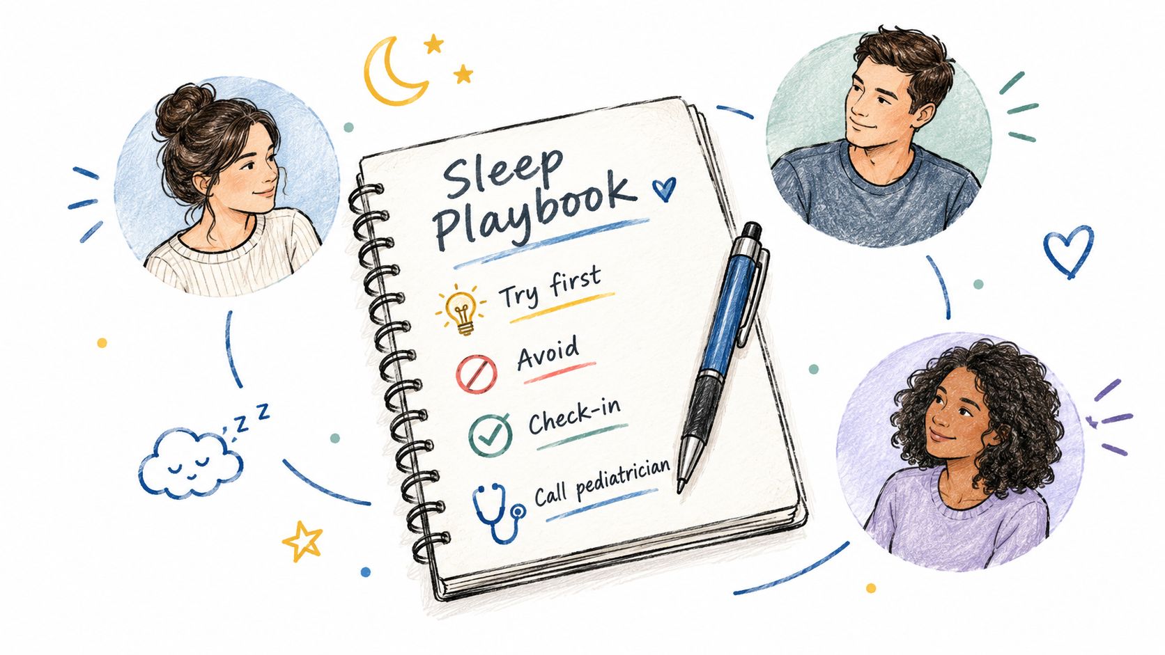 A notepad titled Sleep Playbook with a list of tips and illustrations of three people around it.