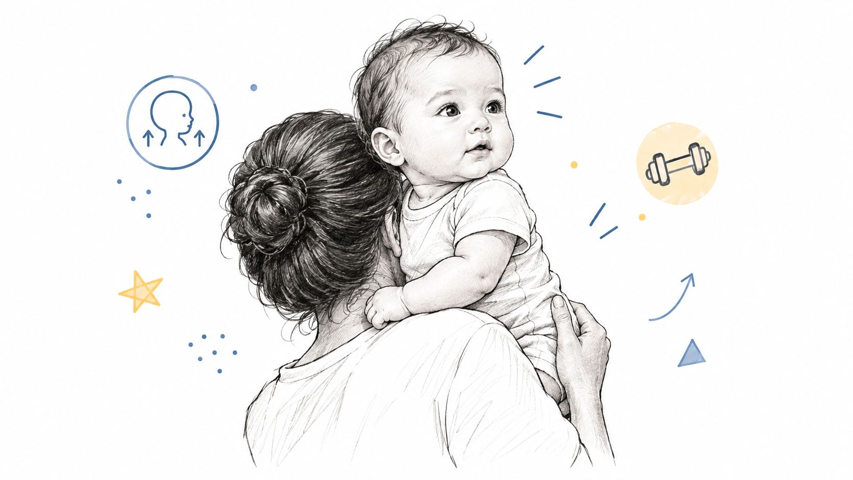 A pencil sketch of a mother holding her baby looking over her shoulder with developmental milestones icons