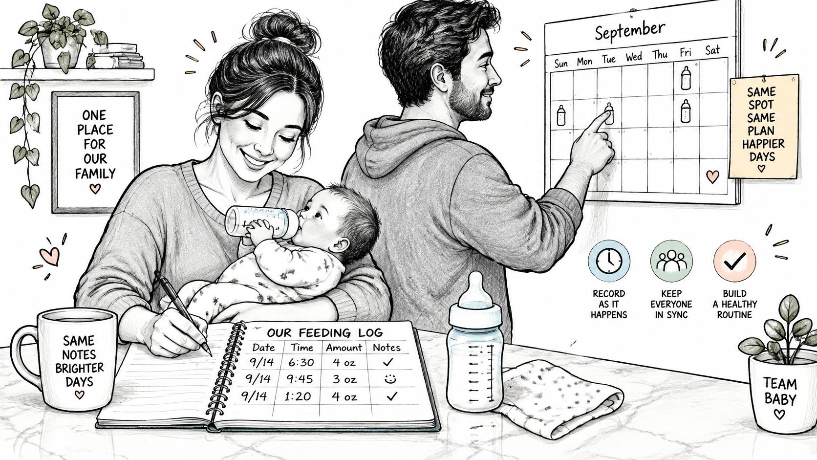 Parents working together to organize their baby's feeding schedule by recording notes in a logbook and calendar.