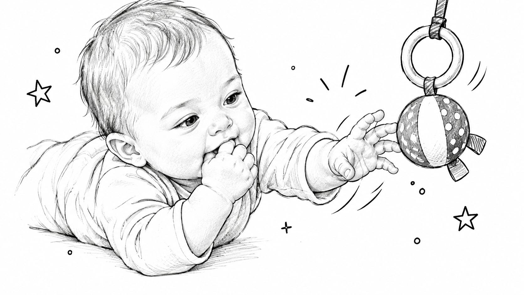 A line art drawing of a baby lying on its stomach and reaching for a hanging toy.