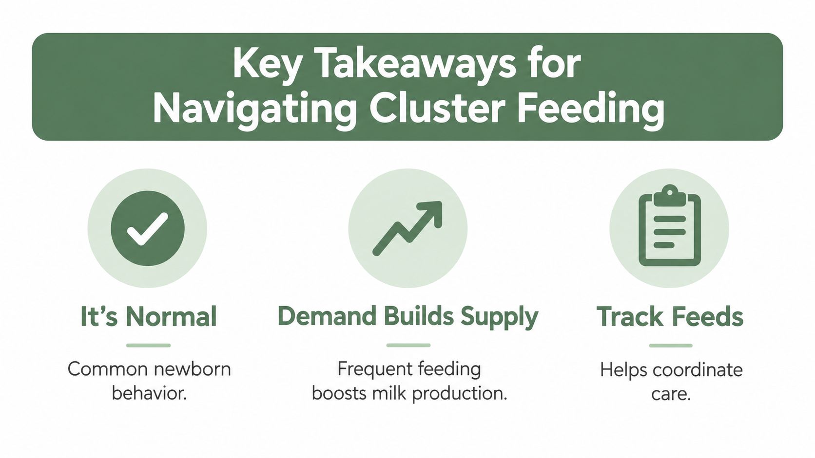 An infographic titled Key Takeaways for Navigating Cluster Feeding highlighting that it is normal, builds supply, and tracking is helpful.