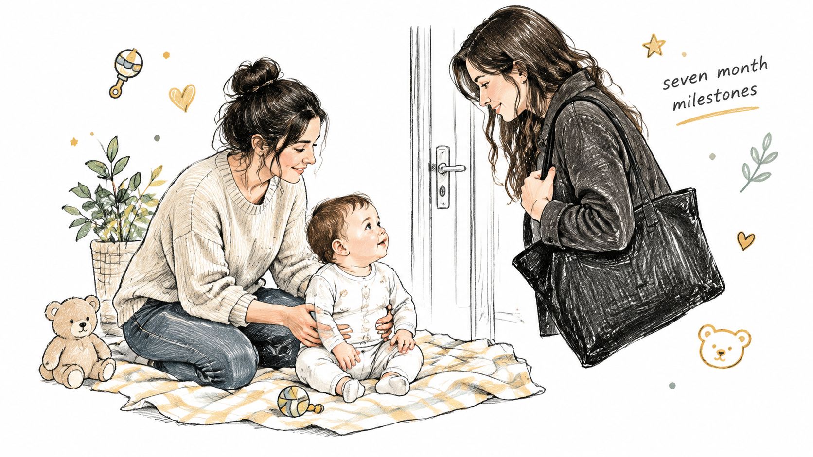 A woman kneeling with a baby on a blanket while another woman stands nearby in this sketch.