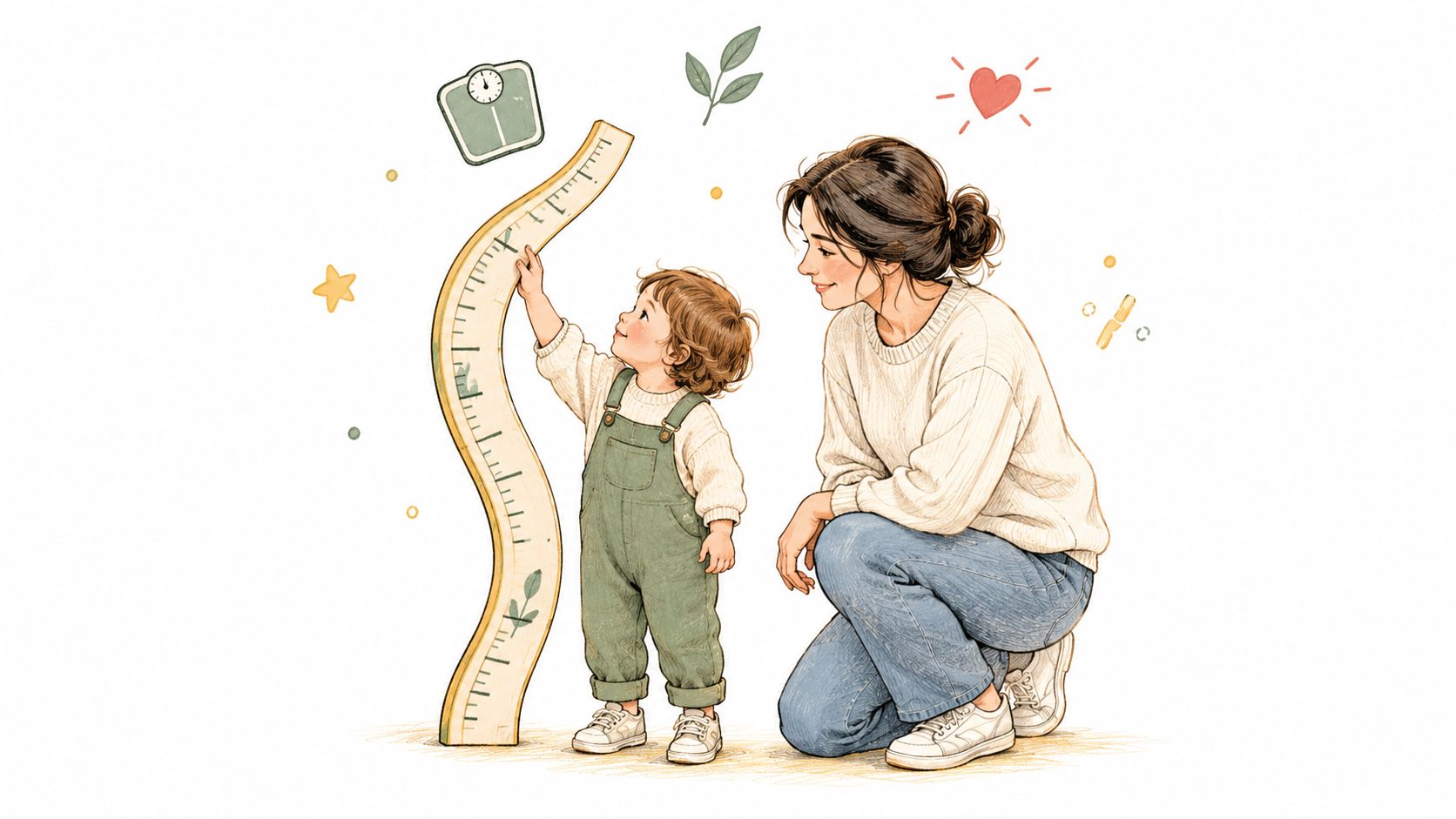 A caring mother watches her young toddler child standing next to a tall wooden growth measurement ruler.