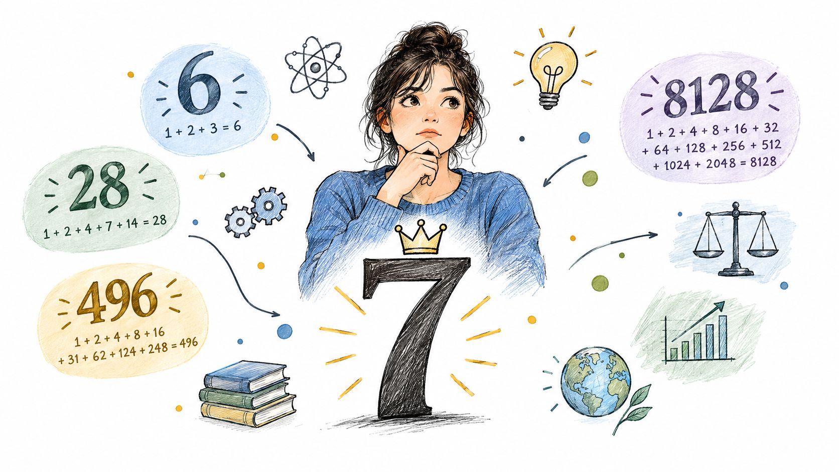 A girl thinking beside mathematical numbers, a crown, a lightbulb, and various icons representing knowledge and growth.