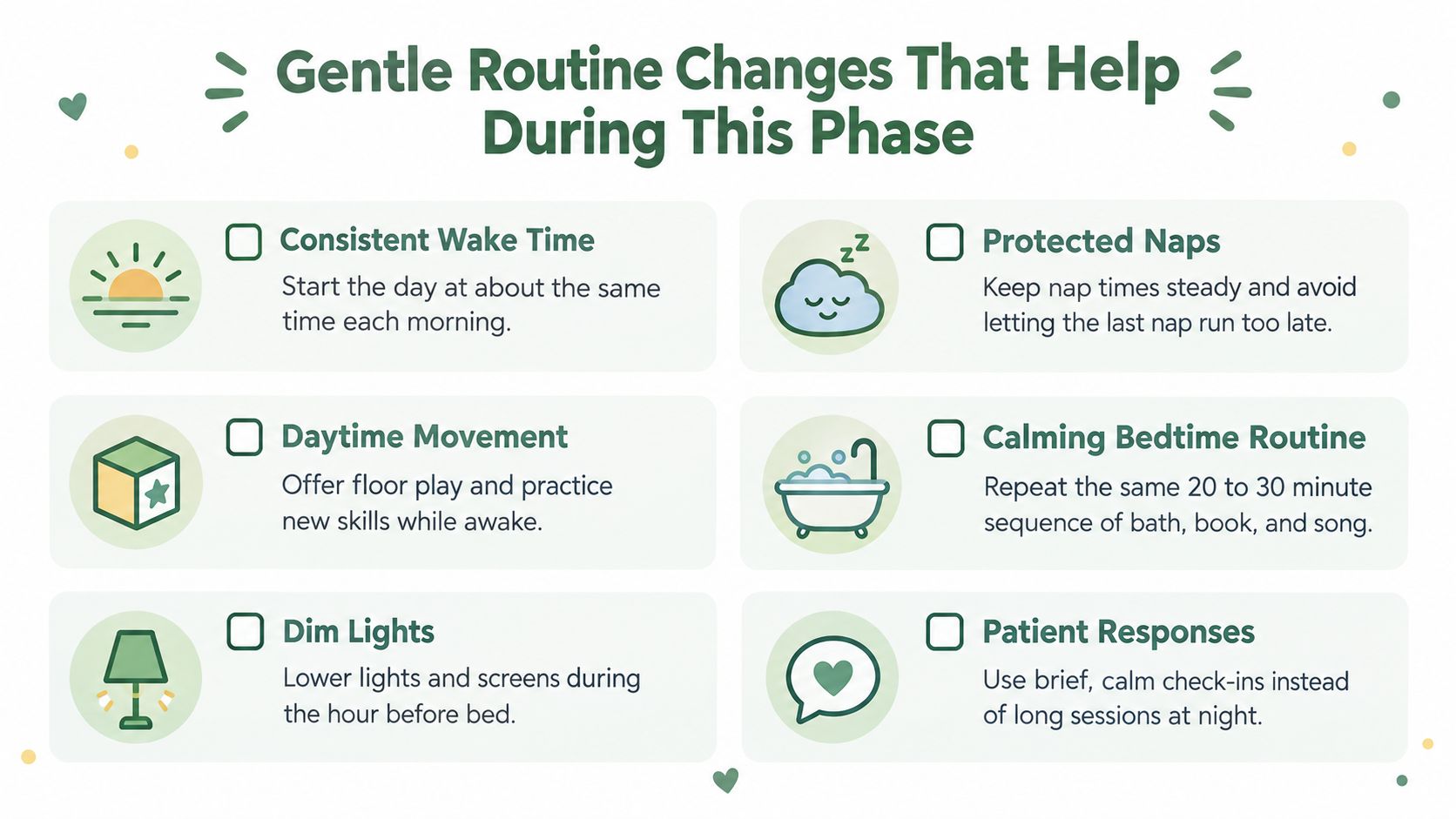 An infographic titled Gentle Routine Changes That Help During This Phase, listing six parenting tips for sleep.