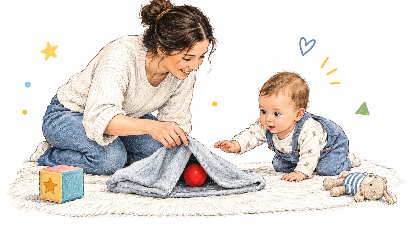 A mother plays a hide and seek game with a red ball for her baby.