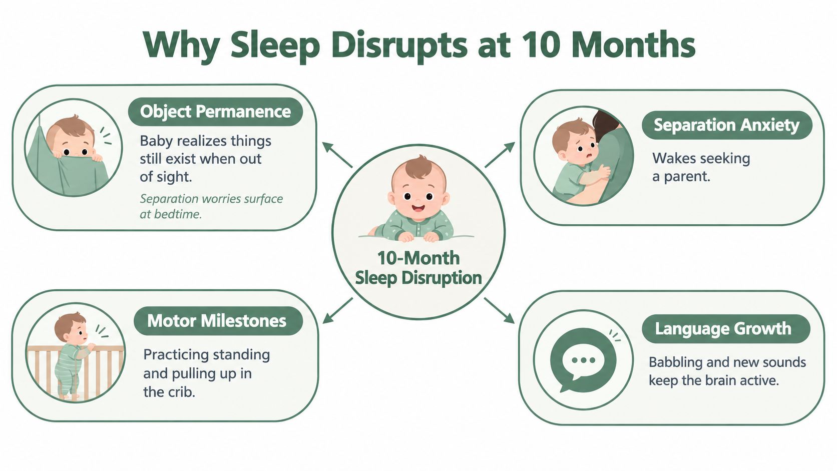 An infographic titled Why Sleep Disrupts at 10 Months, illustrating common causes like object permanence, separation anxiety, motor milestones, and language growth.