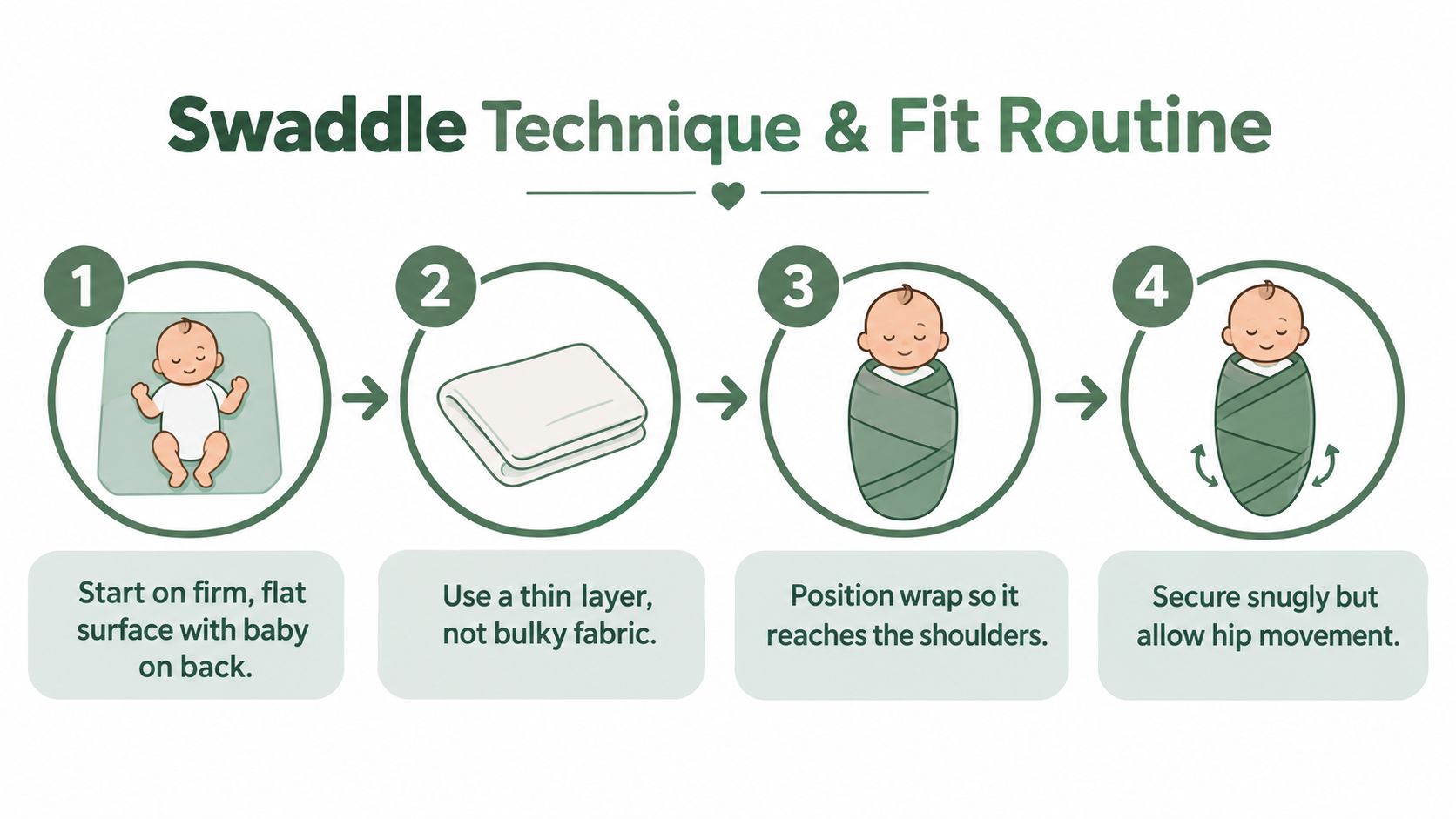 A step-by-step instructional graphic showing how to safely swaddle a baby on a flat surface.