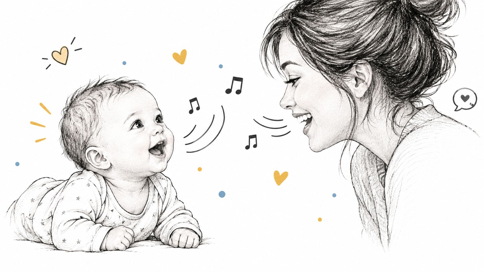 A pencil sketch of a smiling mother interacting with her happy baby during a milestone moment