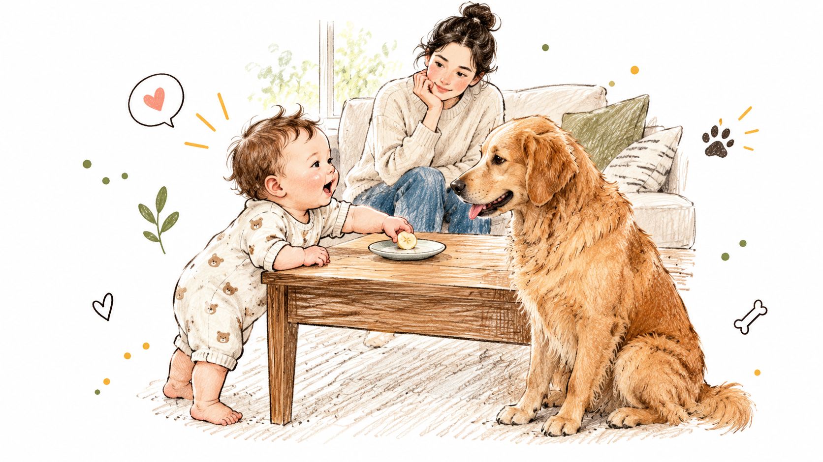 A 10-month-old baby standing at a table next to a woman and a golden retriever dog.