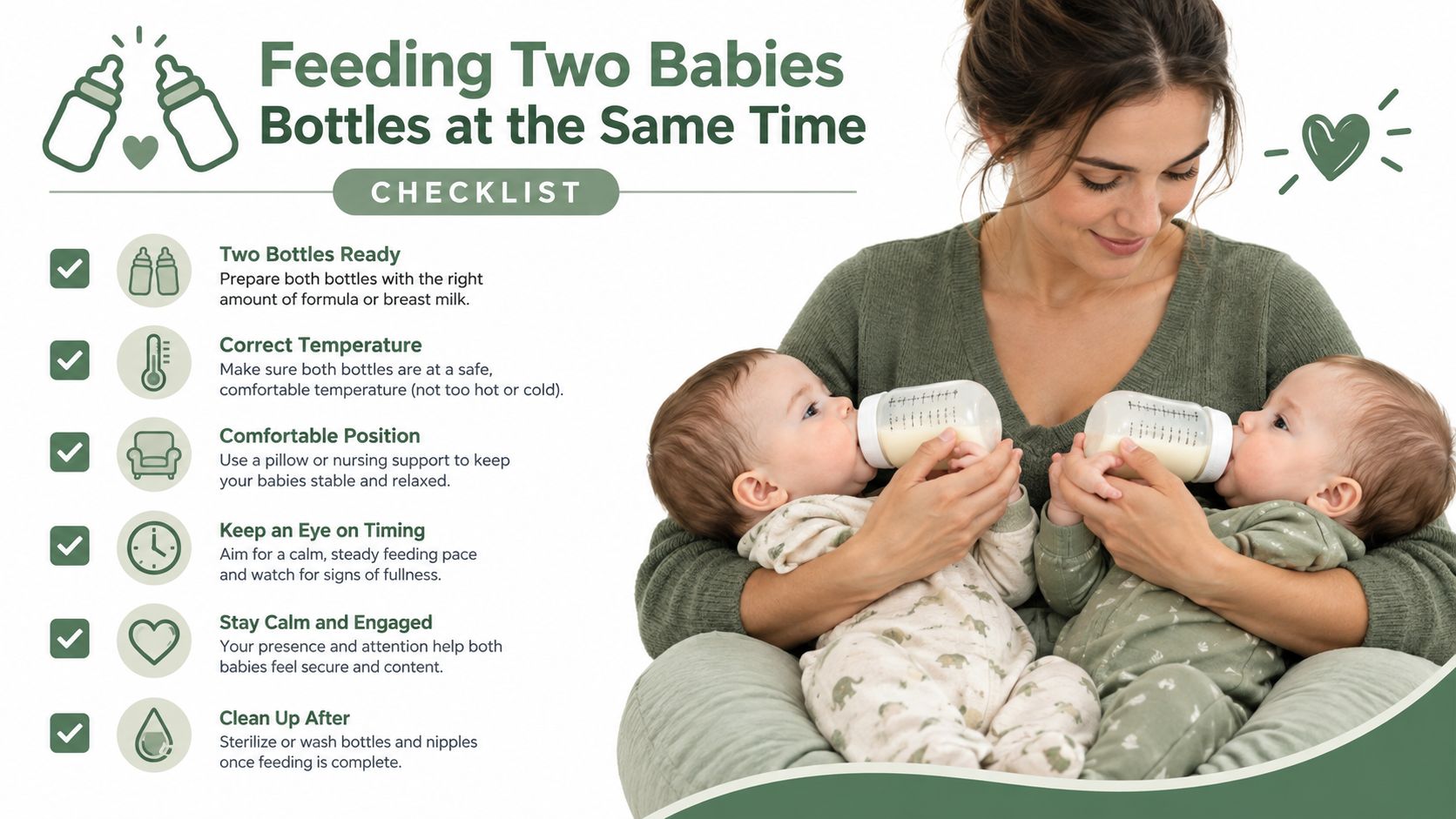 A woman comfortably feeding twin babies simultaneously with bottles, following a helpful checklist for parents.