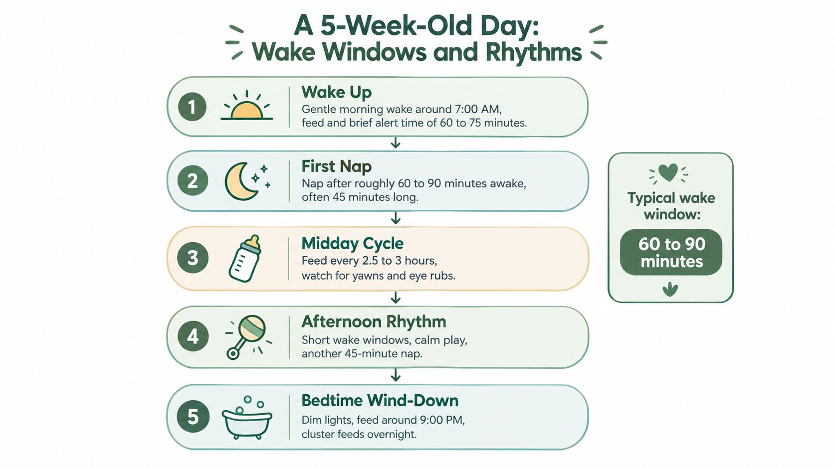 A structured daily schedule guide for a five-week-old baby including wake windows, nap times, and feeding routines.