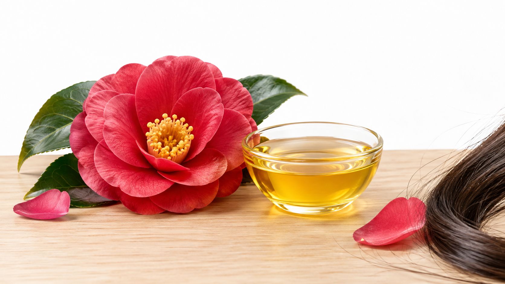 A red camellia flower, a bowl of camellia oil, and a lock of hair on a wooden surface.