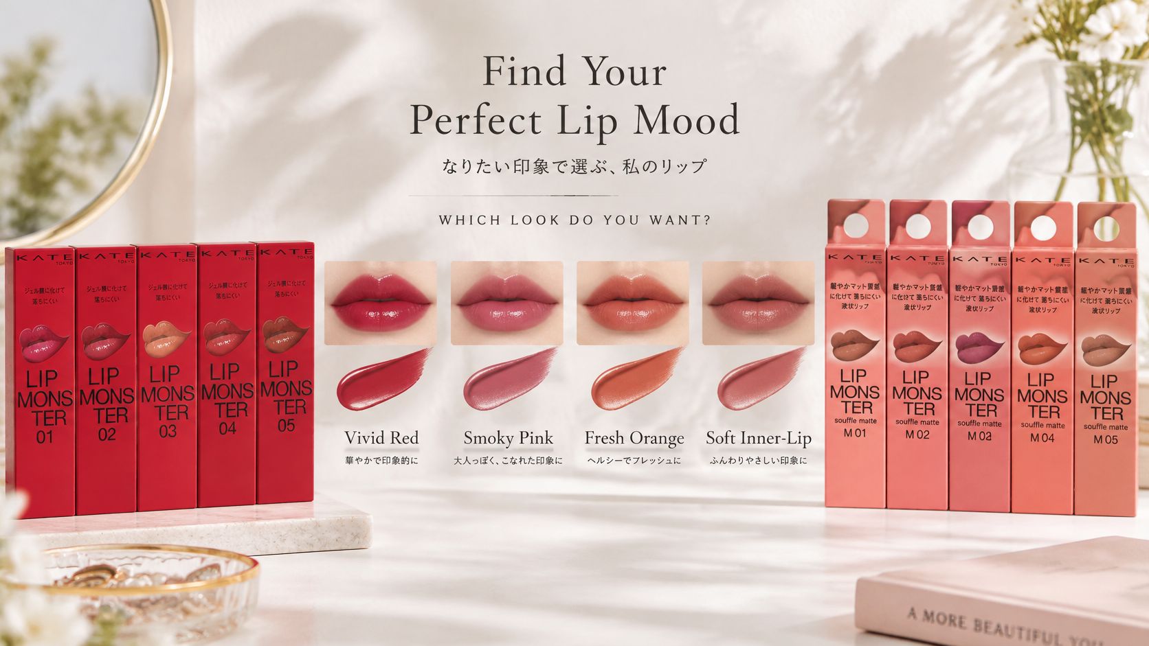 An array of KATE Tokyo Lip Monster lipstick boxes and swatches displayed on a marble surface.