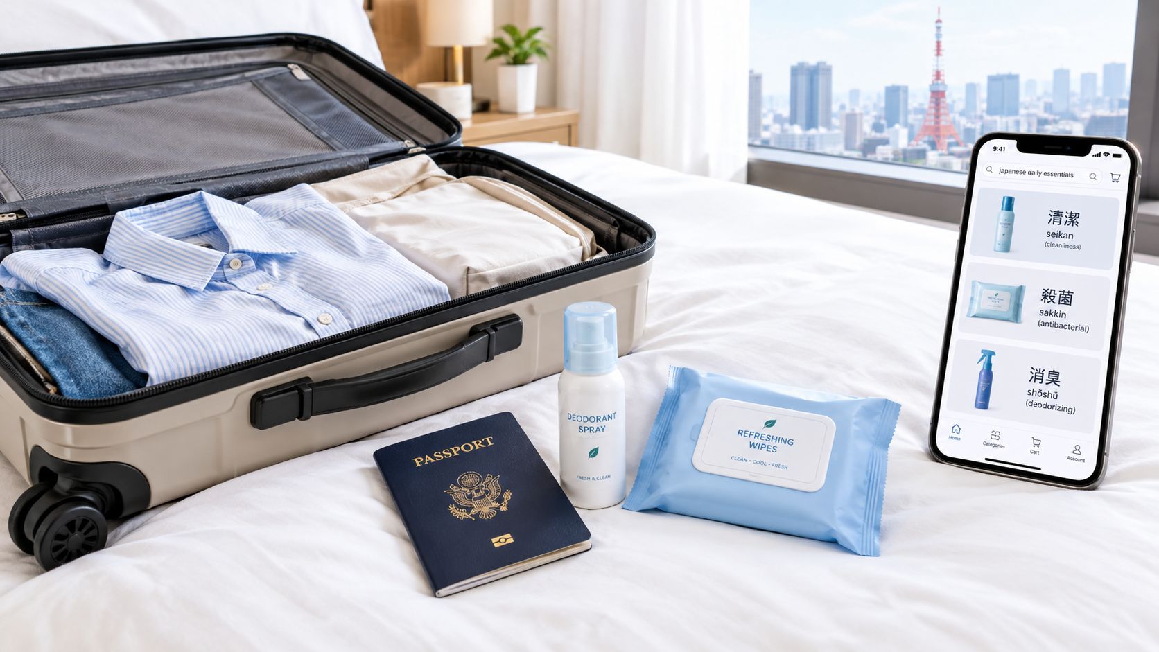 A suitcase, passport, and hygiene products displayed with a smartphone showing Japanese daily essentials on screen.