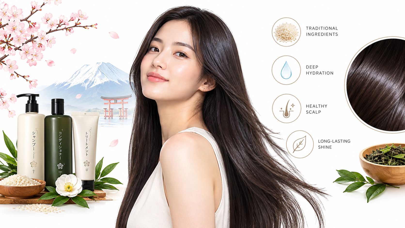 A young woman with long healthy hair next to Japanese haircare products, cherry blossoms, and natural ingredients.