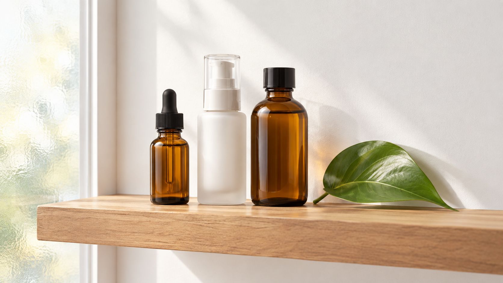 A minimalist arrangement of three skincare bottles and a single green leaf on a wooden shelf.