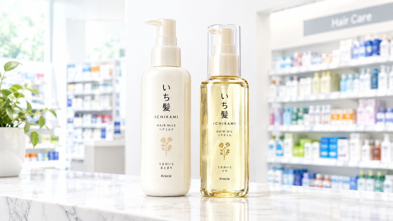 Zwei Flaschen japanischer Ichikami-Haarpflegeprodukte, eine Haarmilch und ein Haaröl, auf einer Ablage.