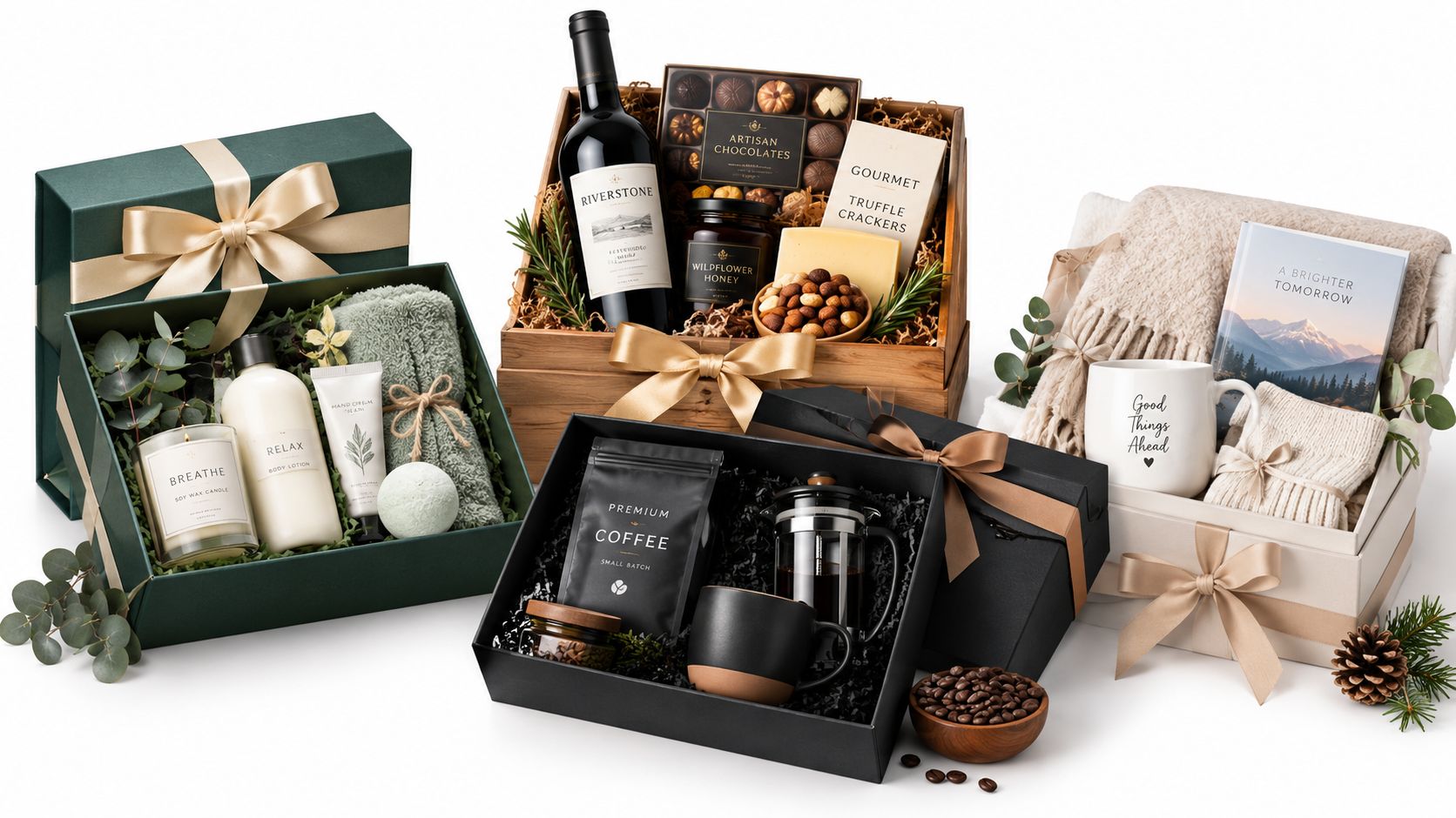 A collection of four diverse gift baskets featuring gourmet food, bath items, coffee sets, and reading supplies.