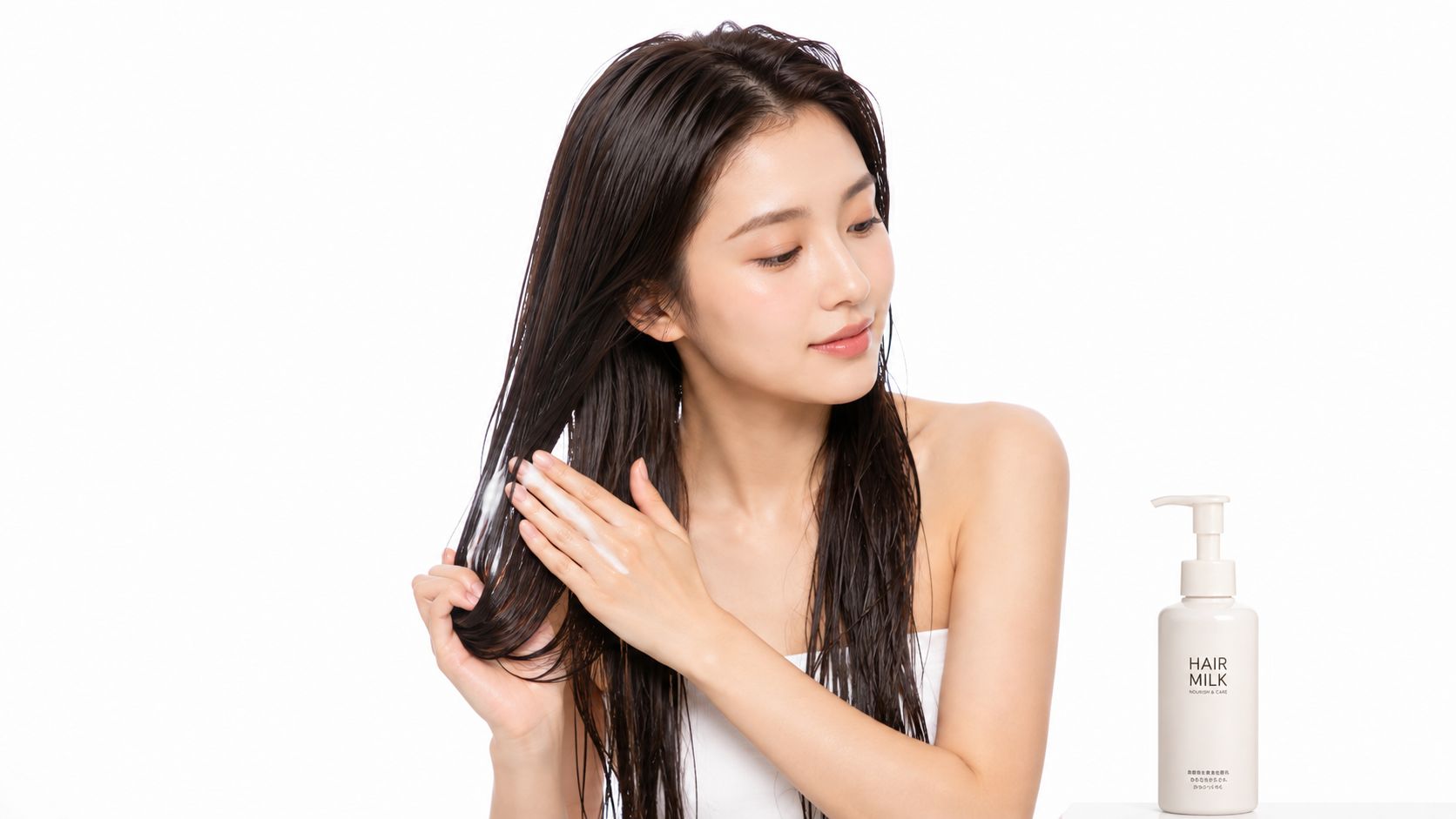 Eine junge Frau trägt weiße Haarmilch auf ihr nasses Haar auf, um es zu nähren und zu pflegen.