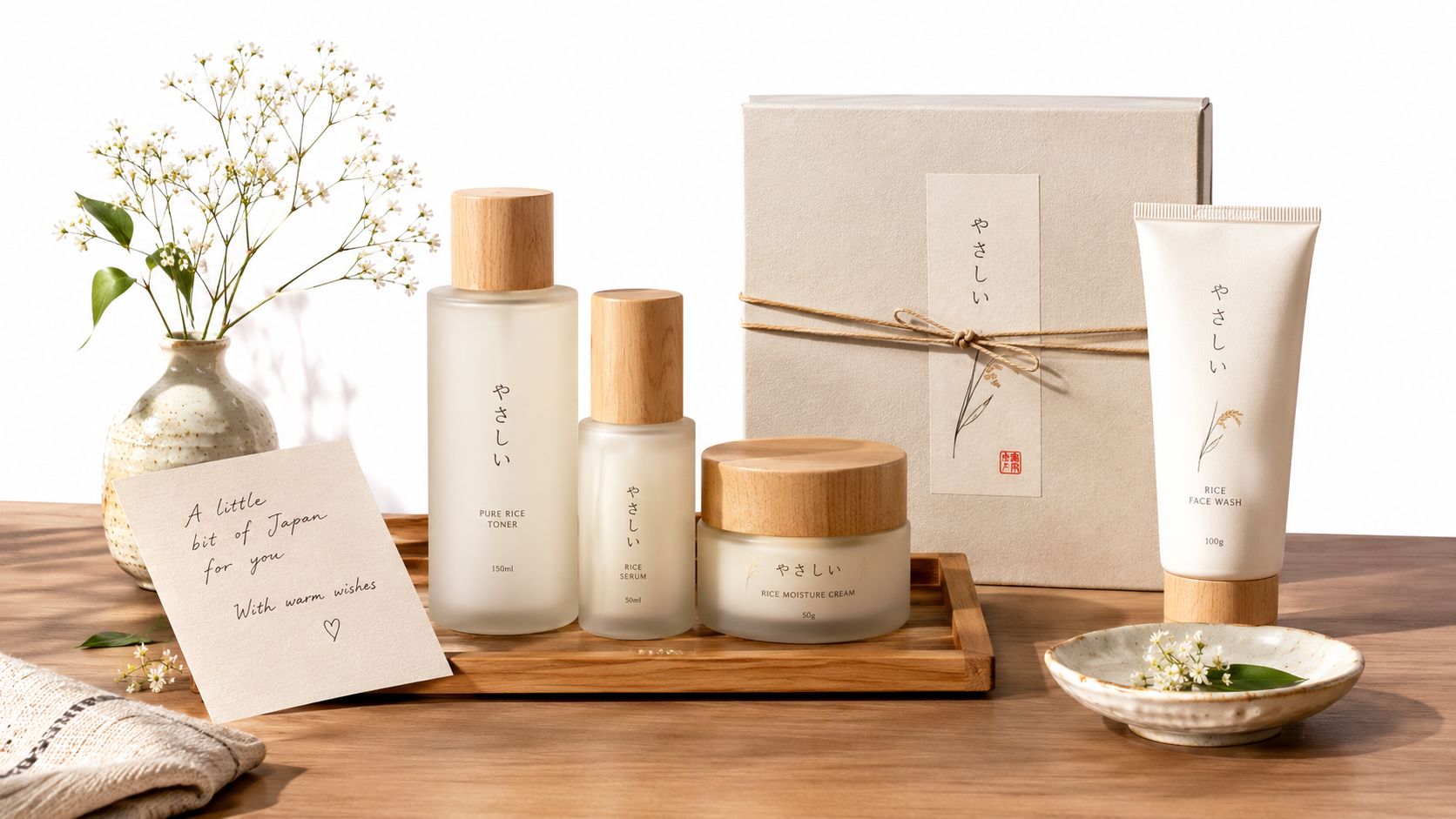 A set of natural Japanese skincare products arranged on a wooden tray with flowers and gift box.