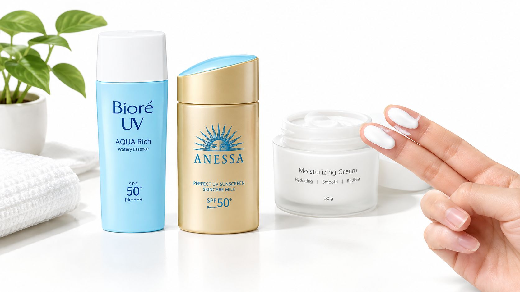 Bioré UV Aqua Rich, Anessa Perfect UV Sunscreen, and a moisturizing cream displayed with a hand applying cream.