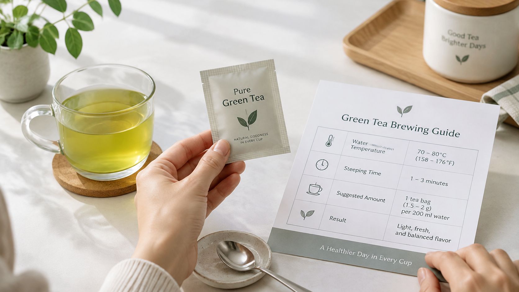 A person holding a green tea bag next to a brewing guide on a white table.