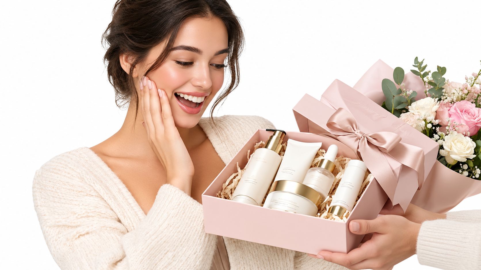 A happy woman surprised by receiving a luxury Japanese skincare gift set featuring various beauty products.