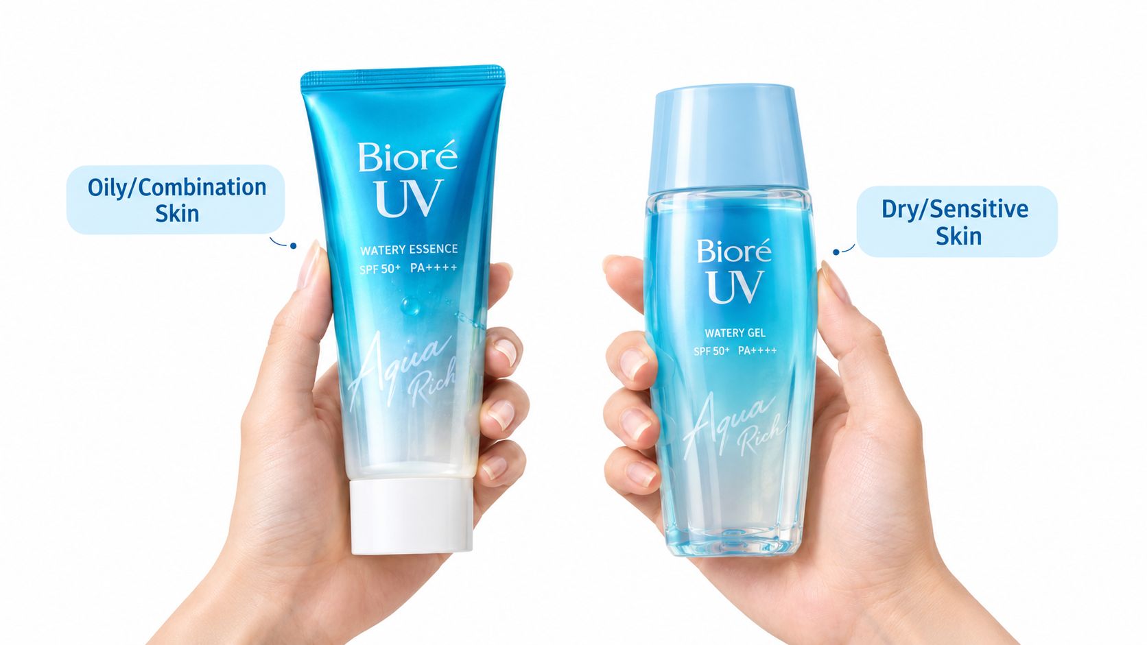 Two hands holding Biore UV Aqua Rich Watery Essence and Watery Gel for different skin types.