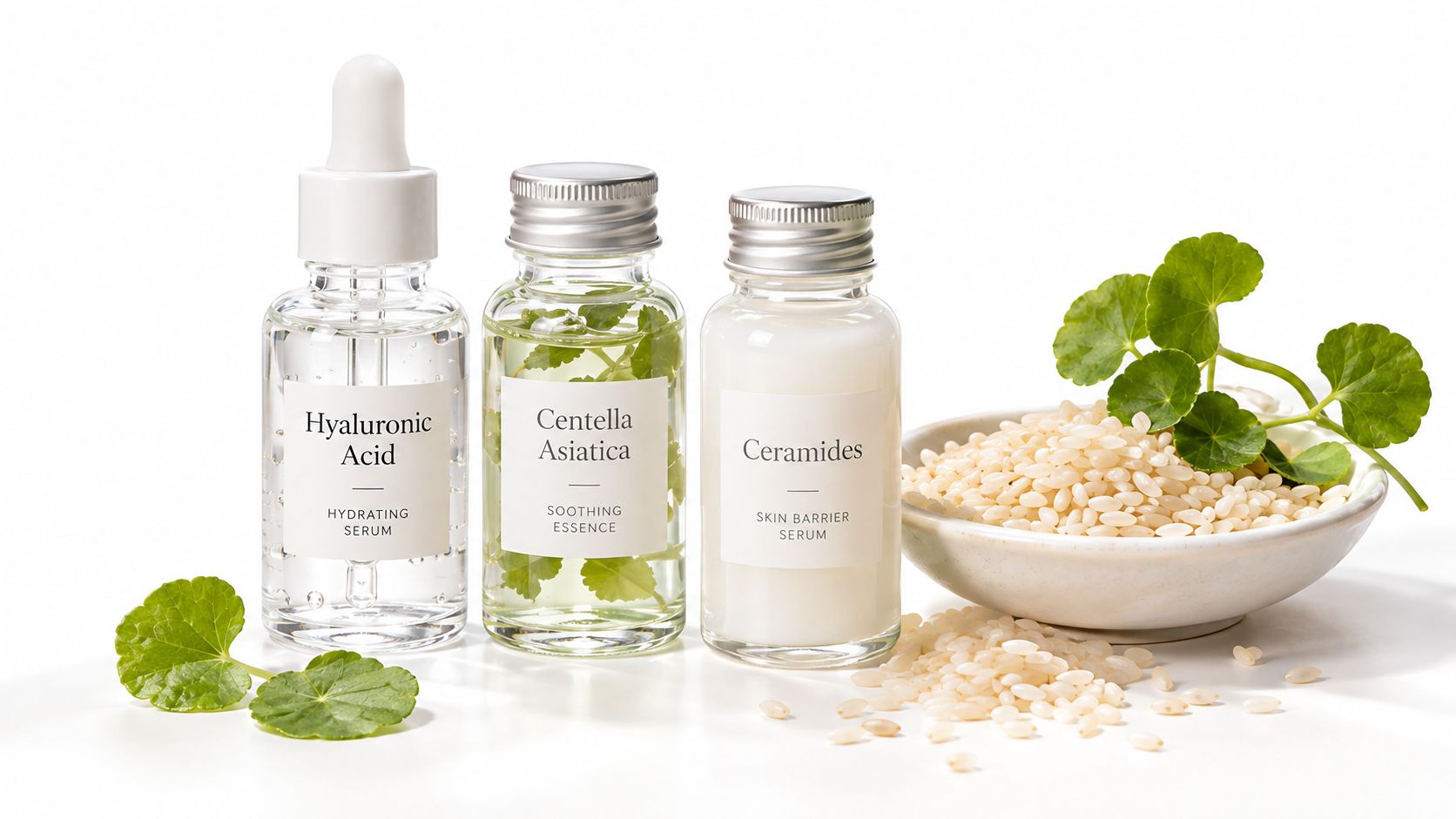 Three skincare serum bottles containing hyaluronic acid, centella asiatica, and ceramides beside a bowl of rice.