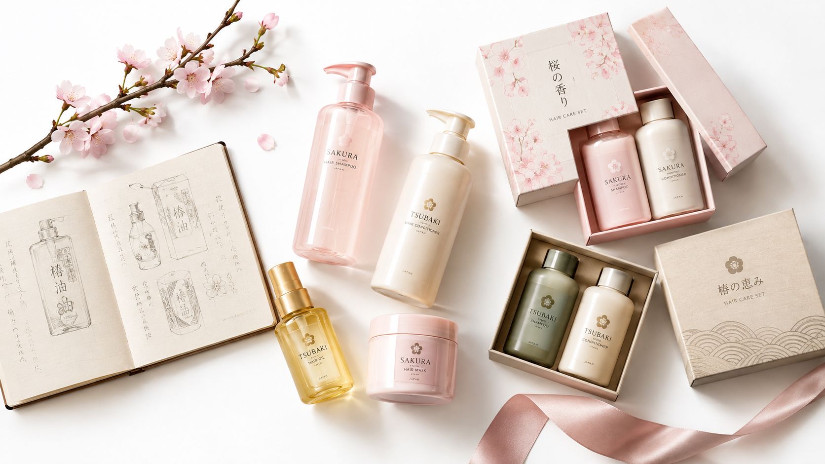 A curated collection of Tsubaki Japanese haircare products, including shampoo, conditioner, hair oil, and gift sets.