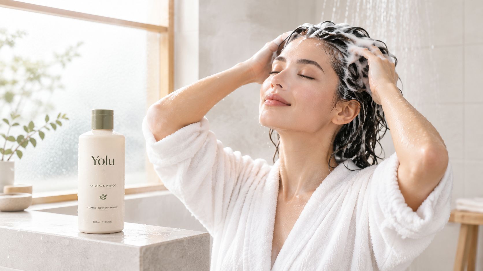 A woman with her eyes closed washes her hair in the shower next to a Yolu shampoo bottle.