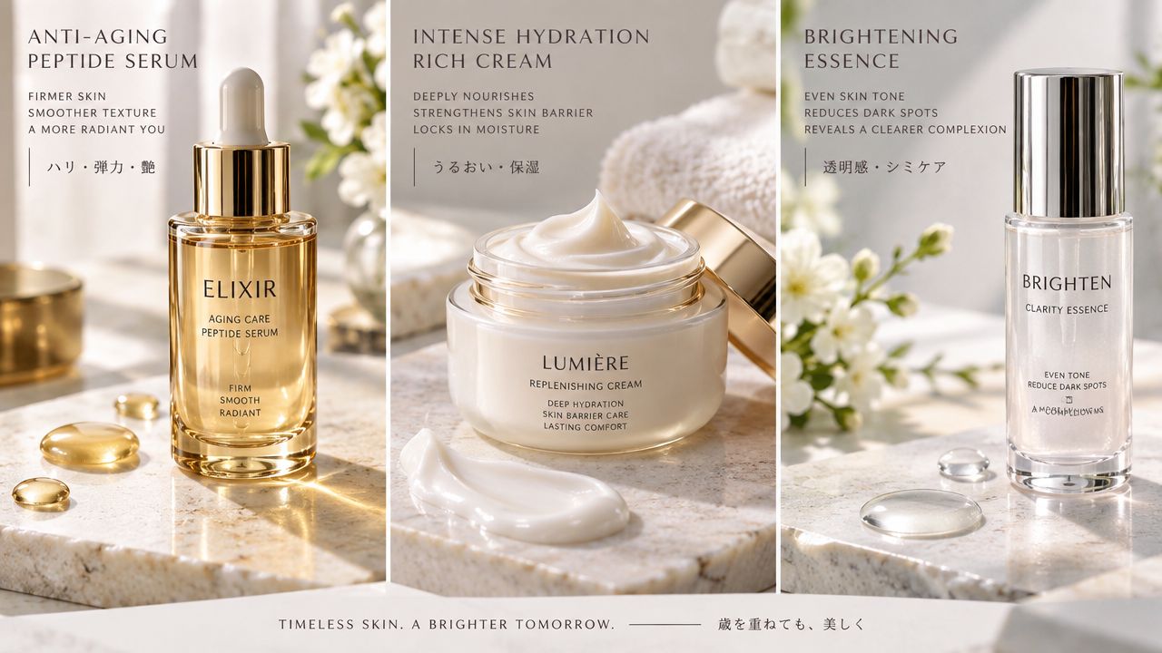 A professional product display featuring an anti-aging peptide serum, intense hydration cream, and brightening clarity essence.