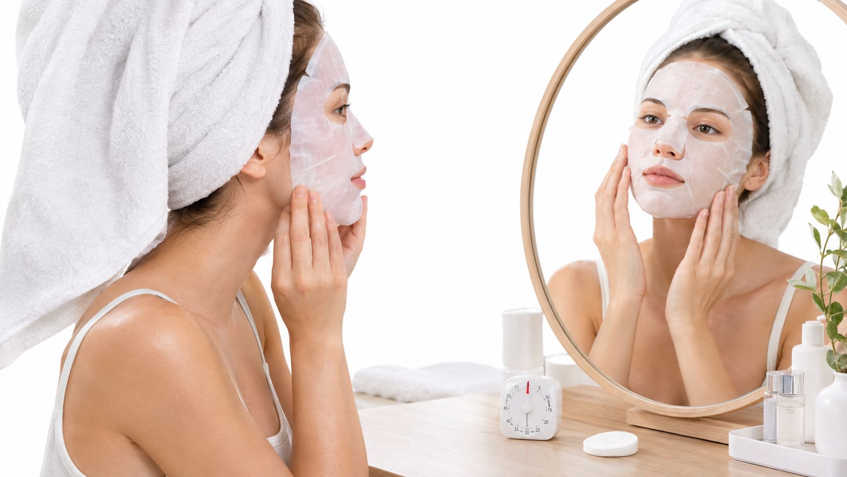 A young woman wearing a white sheet mask on her face looks at her reflection in a mirror.