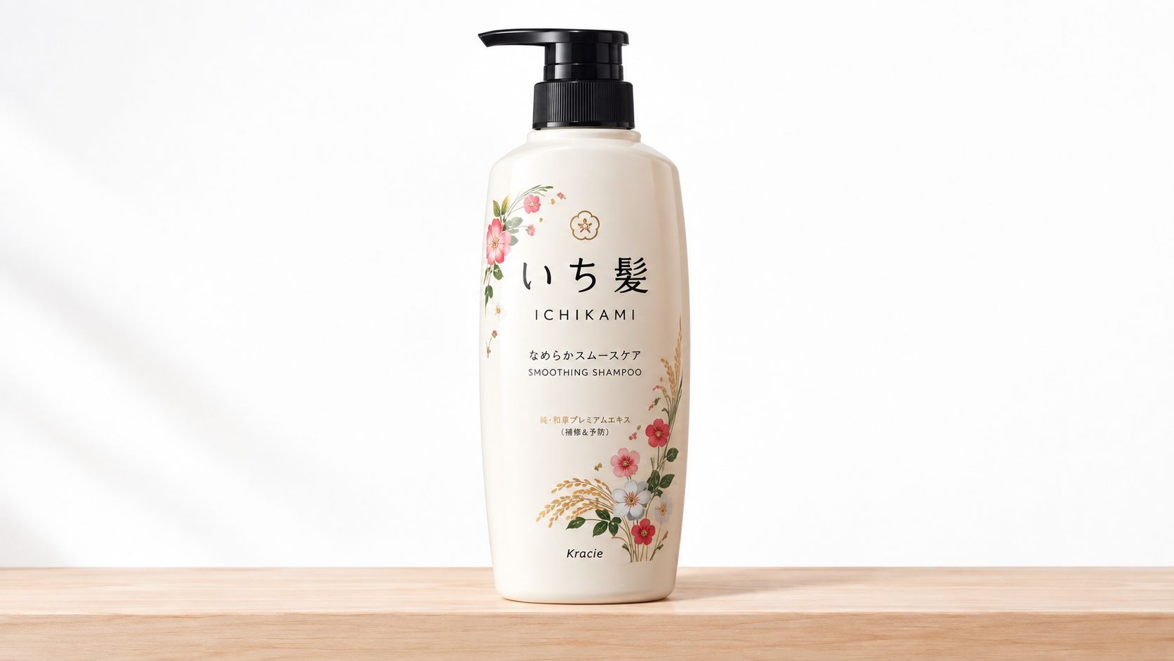 A bottle of Ichikami smoothing shampoo by Kracie featuring floral designs standing on a wooden surface.