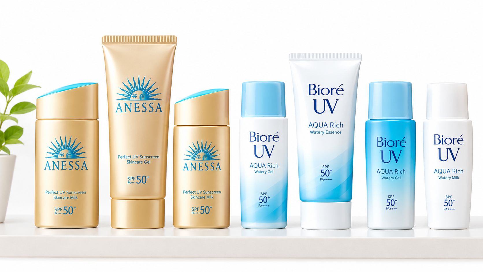 A collection of Anessa and Bioré UV sunscreen bottles arranged on a shelf against a white background.