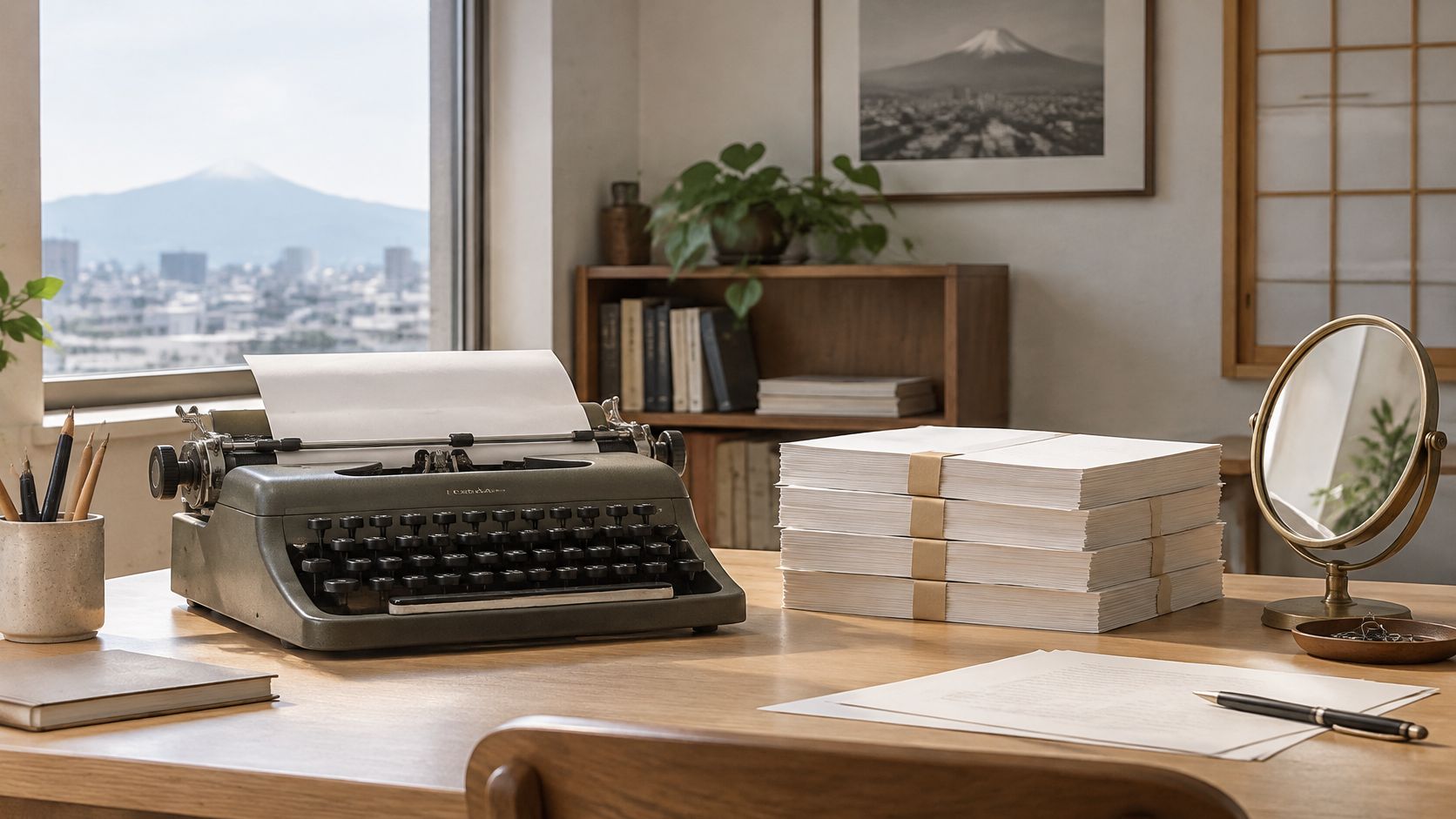 A vintage typewriter sits on a wooden desk next to a stack of paper and a mirror.