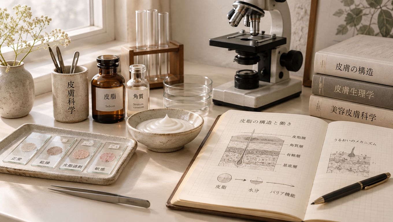A laboratory table featuring Japanese ceramide skincare research, including a microscope, textbooks, and skin sample slides.